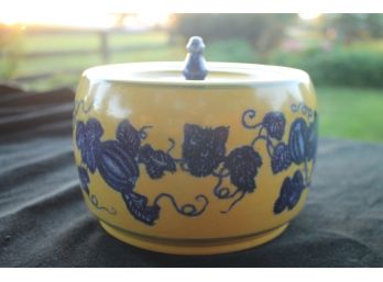 Yellow & Blue Lidded Ceramic Pot From Hanoi