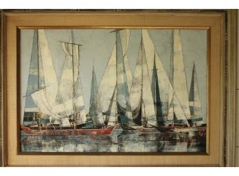 Great MID CENTURY MODERN Oil On Canvas Painting Of Sailboats Signed