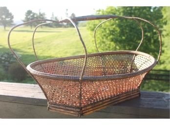 Gorgeous Swedish Antique Woven Basket With A Metal Frame And Handle