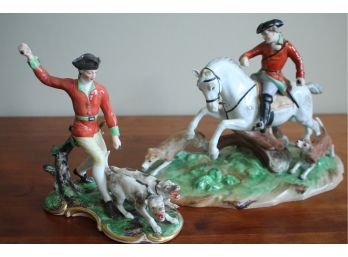 Lot Of 2 Antique DRESDEN Hunters On Horseback Wtih Dogs Figurines