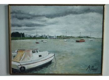 Beautiful Painting Of Boats On An Overcast Day Titled Puerto Del Buceo'  By Mariceli Paggi 1997