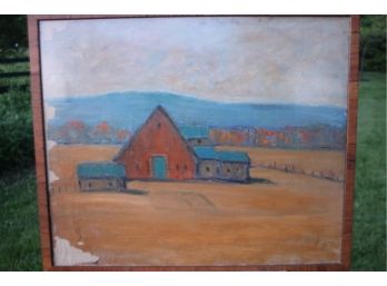 Orange & Blue Barn Framed Oil On Canvas Painting