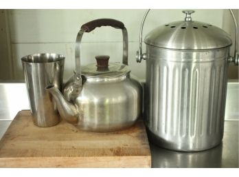 Lot Of Kitchen Things, Including An OGGI Compost, LACOK Tea Kettle, Cutting Board, & Metal Cup