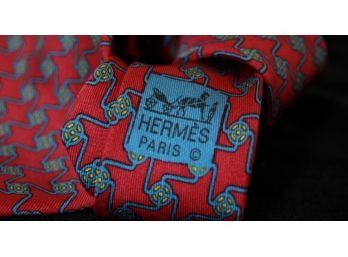 Vintage Silk Red With Blue HERMES Tie #7026TA