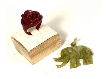 Lot Two Pieces Vintage Plastic Jewelry Elephant Pendant & Floral Red Ring