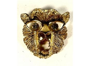 Vintage Gold Tone Lion Face Rhinestone Eyes Costume Brooch