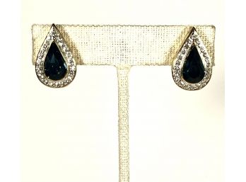 Gold Tone Blue Designer Rhinestone Vintage Earrings Clips
