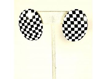 Pair 1980s Plastic Black And White Checkered Pierced Earrings