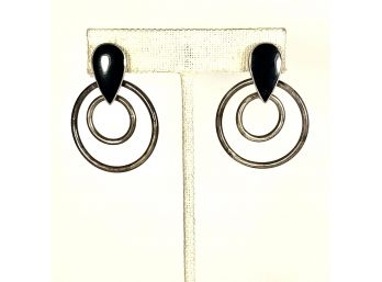 Pair 1980s Sterling Silver Black Onyx Pierced Earrings