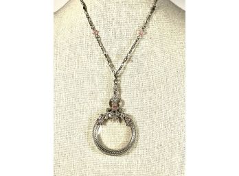 Gold Tone Costume Necklace W Magnifying Glass Rhinestones