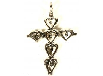 Large Sterling Silver Cross Made Of Heart Shapes Mexican