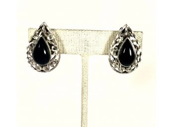 Contemporary Sterling Silver Clip Earrings W Black Onyx Stones