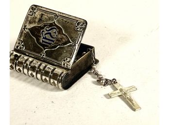 Antique Sterling Silver Rosary Beads Necklace In Bible Hinged Box