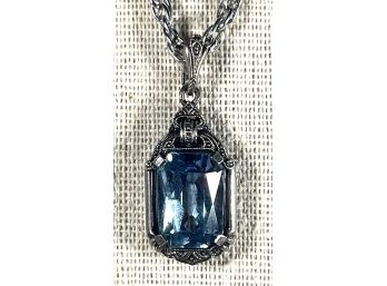 Sterling Silver Fancy Pendant Necklace W Blue Faceted Gemstone