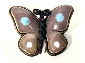 Vintage Enamel On Copper Butterfly Brooch