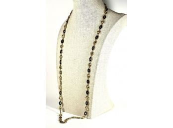 Vintage Gold Tone Black Enamel Link Elongated Necklace Costume
