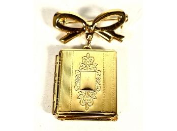 Vintage Gold Tone Pin Brooch Book Shaped Locket