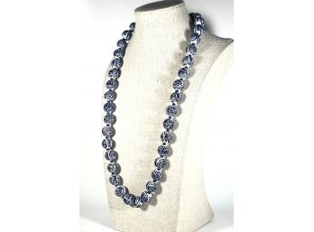 Chinese Blue On White Porcelain Beaded Necklace Silver Gilt Clasp