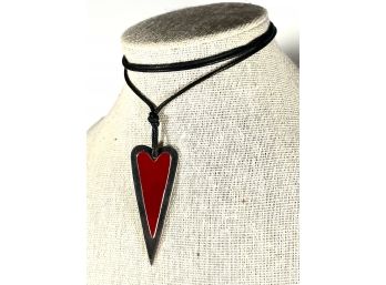 Italian Designer Sterling Silver Red Enamel Heart Pendant On Leather Chain
