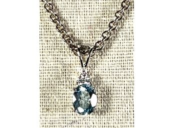 Sterling Silver Necklace Chain 24' And Blue Topaz Pendant