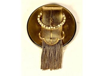 Gold Tone Vintage Victorian Revival Buckle Brooch W Faux Pearls Tassel