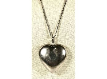 Large 1980s Sterling Silver Puffy Heart Pendant On Chain
