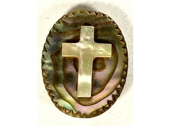 Antique Carved Mother Of Pearl Abalone Cross Brooch