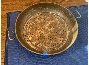 Antique Large Collander Strainer With Steel Base And Copper Coating And Cast Brass Handles.