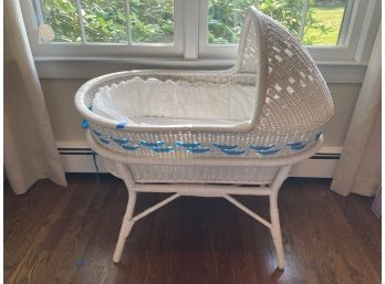 Wicker Bassinet White With Blue Ribbons