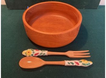 Teak Wood Salad Bowl With Italian Ceramic Pair Of Tongs