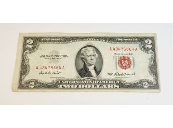 1953 Miss Cut Red Seal $2 Dollar Bill