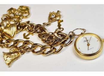 Gold Tone Prestige Working Watch Charm Bracelet