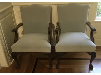 PR. Antique Mahogany Ball & Claw, Grey Ultra Suede Arm Chairs