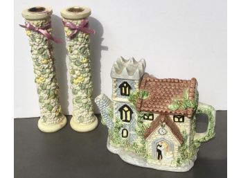 PR. Resin Decorative Candlesticks & Ceramic Cottage House Teapot.