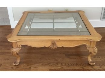 Large Light Pine & Glass Top Coffee Table, Shell Motif