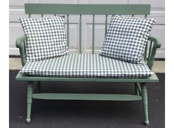 Celadon Wooden Spindle Loveseat Bench, Checkered Cushions