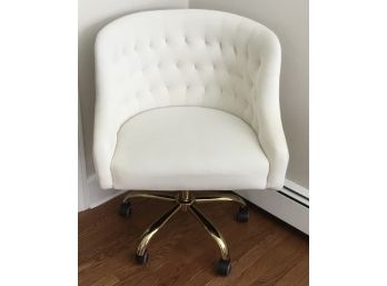 Charming White Tufted Ultra Suede Roller Chair, Gold Tone Feet, Legs.