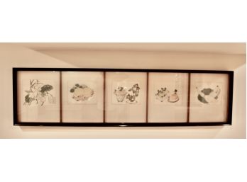 A Collage Of 5 Chinese Watercolor Art On Rice Paper Within A Shadow Box