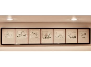 A Collage Of 7 Chinese Watercolor Art On Rice Paper Within A Shadow Box