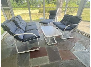 White And Blue Patio Set With Sofa, Loveseat, Lounger And Tables