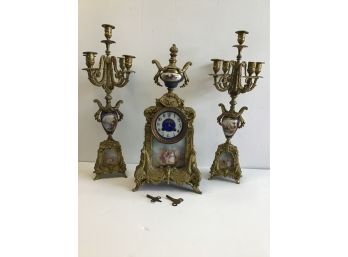 Very Early Mantle Clock And Matching Candelabras