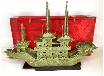 Jade Dragon Boat And  Red Velour Storage  Box