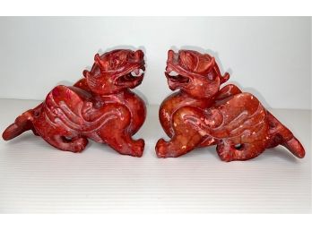Red Soapstone Foo Dog Statues