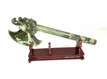 Natural Jade Pure Hand Carved  Axe/Hatchet On Wood Stand