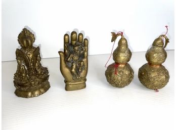 Brass Delites -Trinity Statue -Brass  Monkey In The Palm Of A Hand . Brass Salt And Pepper Vessels