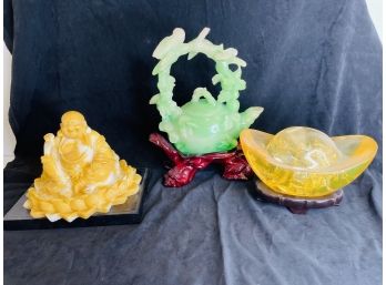Resin Teapot , Buddha Statue And Decorative Amber Look Split Avocado