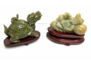 Jade Tortoise Dragon 4x7x4 & Fool On The Hill  Statues 3.5x6.5. 3 . Wood Bases