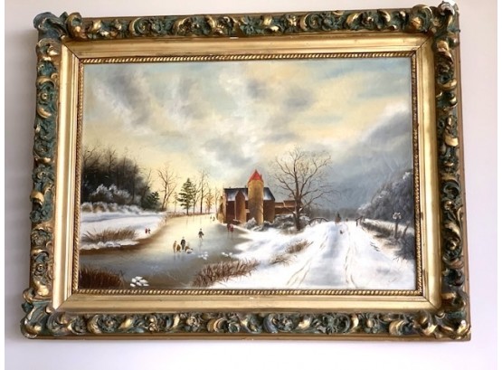 Framed L. Evans Oil On Canvas, Landscape With Ice Skaters  25.5' H X 33.25' W