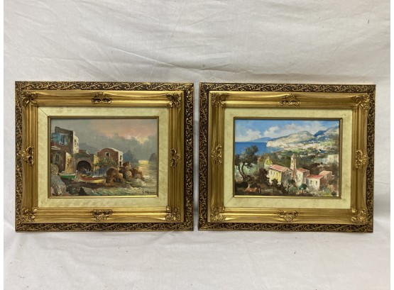 Pair Of Italian Coastline Paintings Signed In Gilt Frames