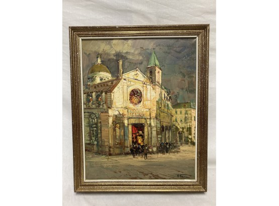 Oil On Canvas European Church By A. Valerio